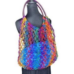 Handmade crochet plastic Rainbow Shoulder Bag w/ Blue Pouch Clear Handles